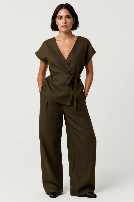 Ensemble Élégant – Blouse Croisée et Pantalon Large