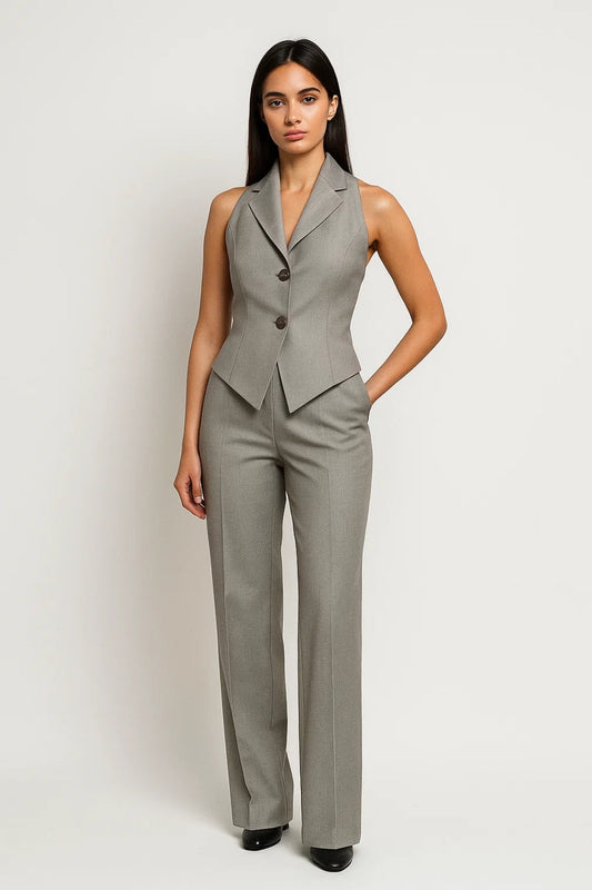 Costume Sans Manches – Gilet à Revers et Pantalon Élégant Gris Clair
