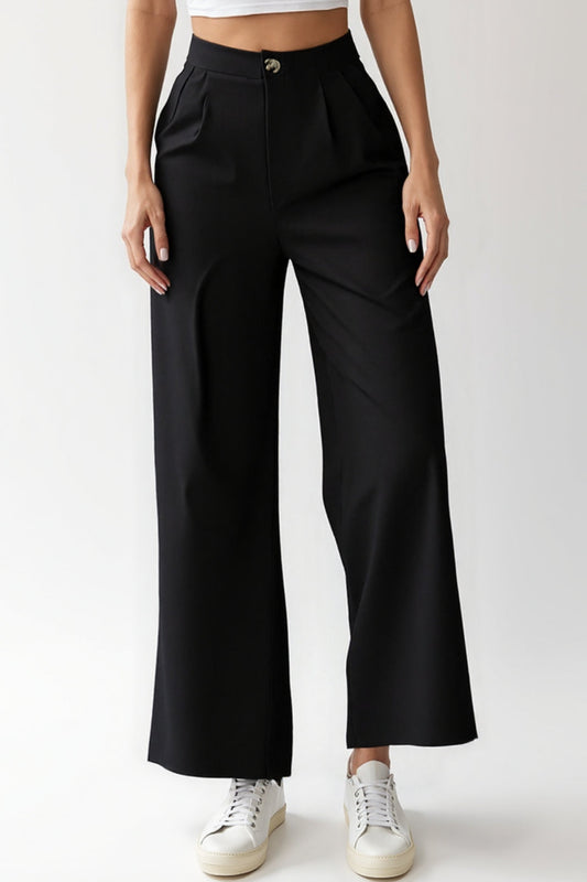 Pantalons Noirs à Jambes Droites | Taille Mi-Haute | Style Décontracté-Élégant