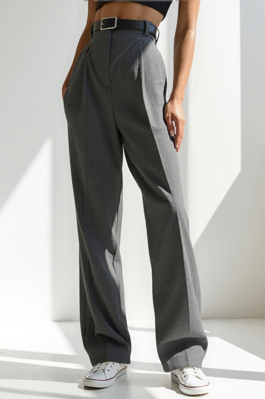 Pantalons à Jambe Large en Tissu Mixte | Taille Haute avec Ceinture | Élégants et Confortables