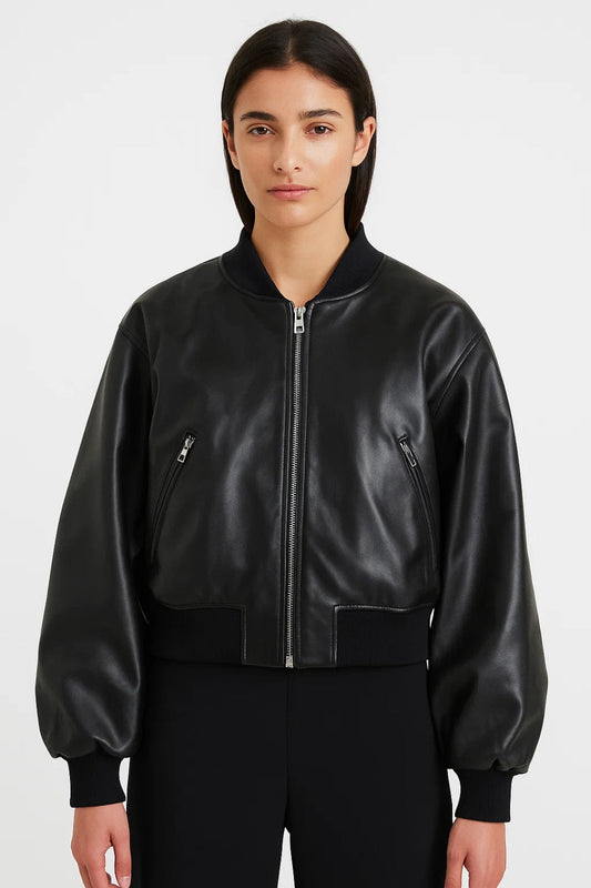 Bomber court en simili cuir noir | Style urbain avec zip
