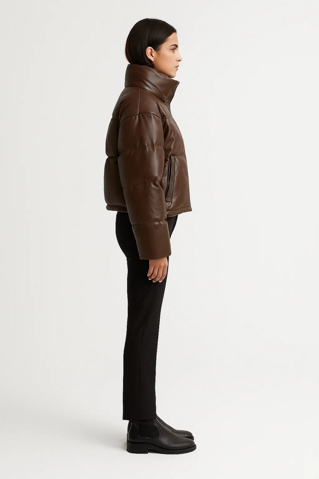 Doudoune courte en simili cuir avec col haut | Disponible en trois coloris