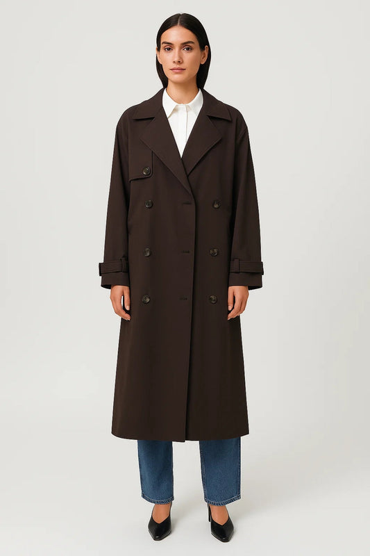 Trench long double boutonnage en tissu technique | Marron foncé