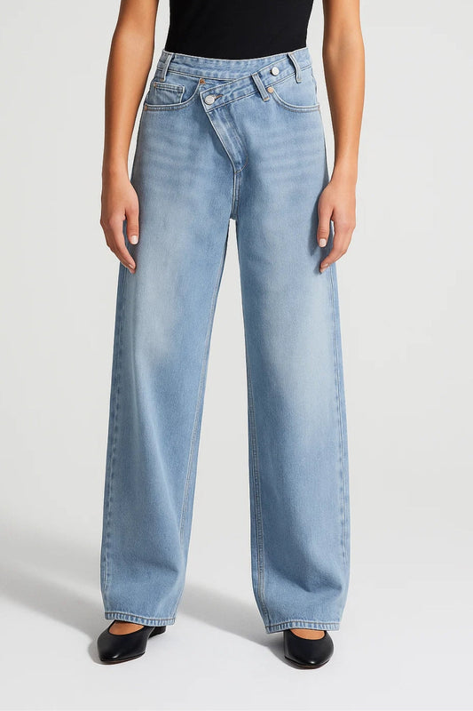 Jeans à Jambe Large avec Fermeture Asymétrique | Taille Haute | Denim Clair ou Foncé